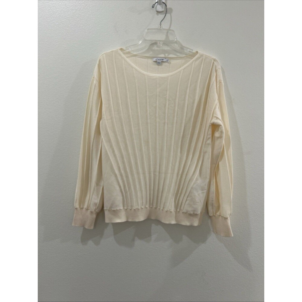 Chicos Sz 1 Womens M Sweater Cream Ribbed Long Sleeve Scoop Neck Pullover
